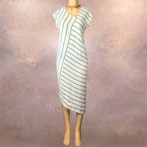 Tahari Linen Blend Striped Midi Dress XS | Asymmetric Stripe | Resort Coastal